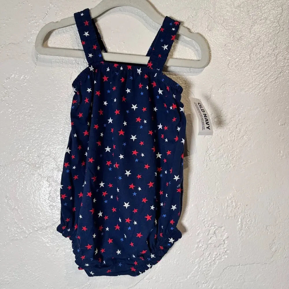 NWT Old Navy 6-12 Mo Romper Infant Blue Stars Patriotic July 4th